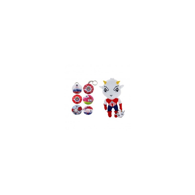 Kit de Souvenirs Oficiales Chivas: 1 Peluche 9” + 1 kit de Fotobotones (6 piezas)