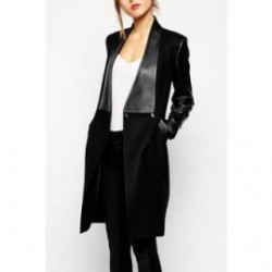 Las mujeres nuevas OEM Slim Fit largo abrigo de empalme Suede PU Chaqueta Cuero Sexy Negocios