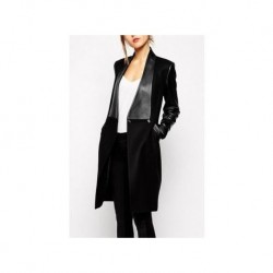 Las mujeres nuevas OEM Slim Fit largo abrigo de empalme Suede PU Chaqueta Cuero Sexy Negocios