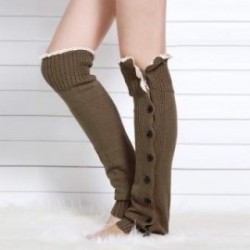 Bota Calcetines para mujer Rodilla Knit botón plano ganchillo del cordón del ajuste calentadores de la pierna