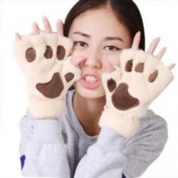 Mujeres Fluffy Bear gato de la felpa de la pata Garra Guante-novedad de Halloween Toweling medios guantes cubierto Beige